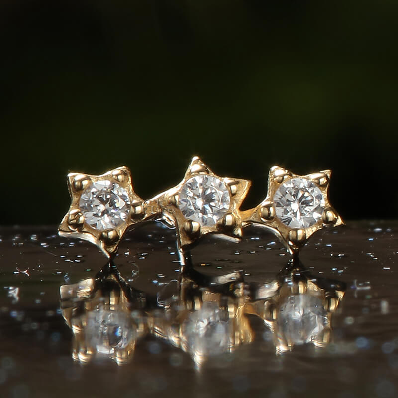 14K Solid Yellow Gold Threadless Trio Star Cluster Prong Set Gemmed Top Ends04